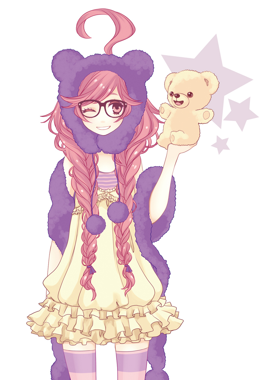 1girl, ahoge, bear_hood, highres, long_hair, one_eye_closed, pink_hair, red_eyes, sf-a2_miki, smile, snuggle_(brand), snuggle_bear, solo, striped, striped_legwear, thigh-highs, vocaloid, wogura