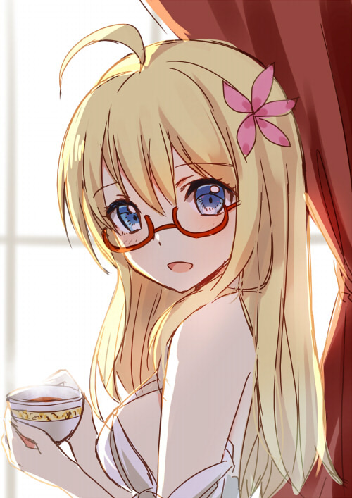 1girl, ahoge, bison_cangshu, blonde_hair, blue_eyes, blush, cup, flower