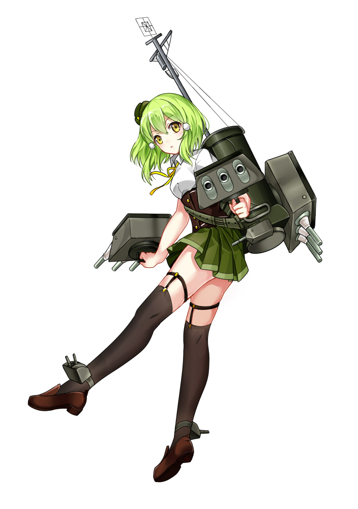 1girl, ankle_strap, black_legwear, cannon, corset, frown, garter_straps, green_hair, hair_ribbon, hat, looking_at_viewer, machinery, mana_(418208360), mast, mini_hat, new_orleans_(zhan_jian_shao_nyu), official_art, pleated_skirt, radar, ribbon, short_hair, skirt, solo, thigh-highs, thigh_strap, tress_ribbon, turret, yellow_eyes, zhan_jian_shao_nyu