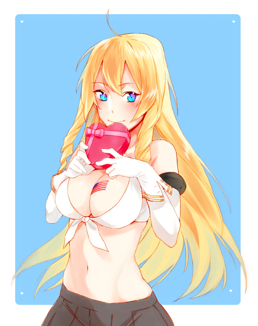 1girl, american_flag, blonde_hair, blue_background, blue_eyes, blush, breasts, cleavage, detached_sleeves, drill_hair, gloves, heart-shaped_box, highres, long_hair, midriff, navel, shirt, skirt, solo, tied_shirt, valentine, wichita_(zhan_jian_shao_nyu), zhan_jian_shao_nyu