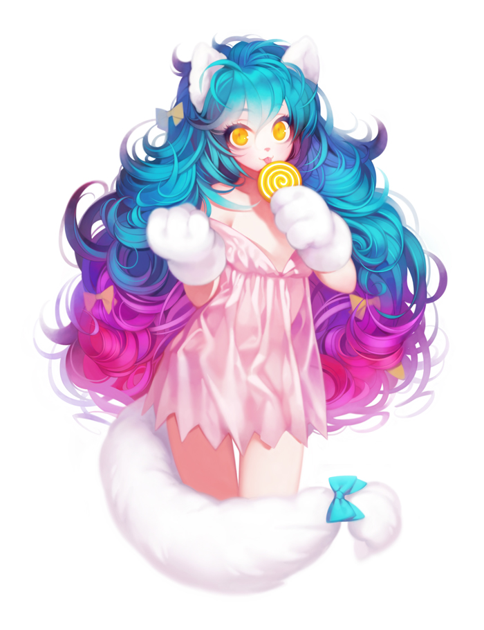 1girl, :3, :p, animal_ears, babydoll, bangs, bare_shoulders, big_hair, blue_bow, blue_hair, bow, candy, cat_ears, cat_tail, cowboy_shot, dress, eyebrows, eyebrows_visible_through_hair, eyelashes, flat_chest, gloves, gradient_hair, hair_between_eyes, hair_bow, holding_food, licking, lingerie, lollipop, long_hair, multicolored_hair, off_shoulder, original, paw_gloves, pink_dress, pink_hair, purple_hair, see-through, see-through_silhouette, simple_background, solo, tail, tail_bow, thigh_gap, tongue, tongue_out, underwear, wavy_hair, white_background, winterseoya, yellow_bow, yellow_eyes