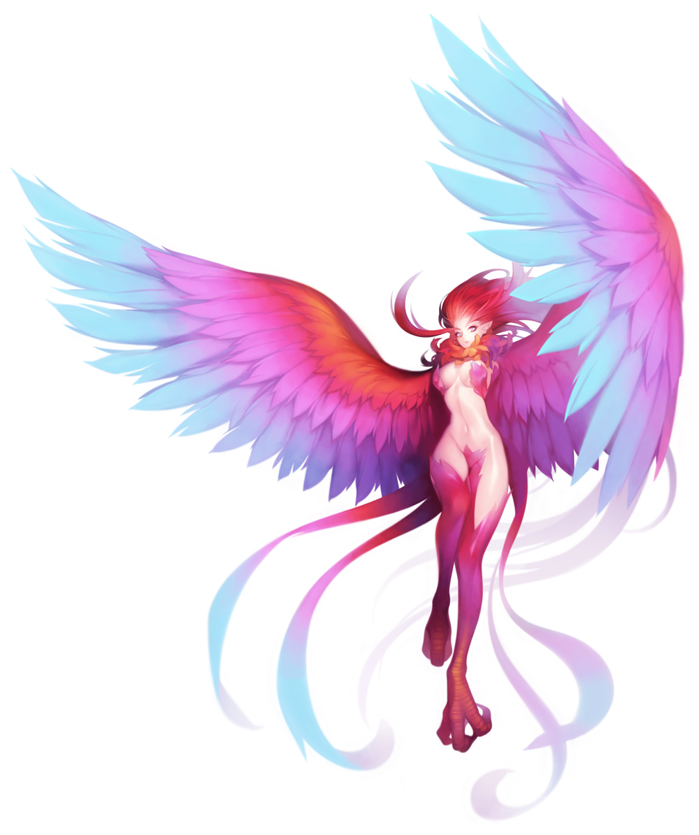1girl, ahoge, breasts, cleavage, closed_mouth, feathered_wings, flying, full_body, grey_eyes, hair_slicked_back, harpy, long_hair, looking_at_viewer, monster_girl, multicolored_wings, navel, original, redhead, simple_background, solo, stomach, white_background, wings, winterseoya