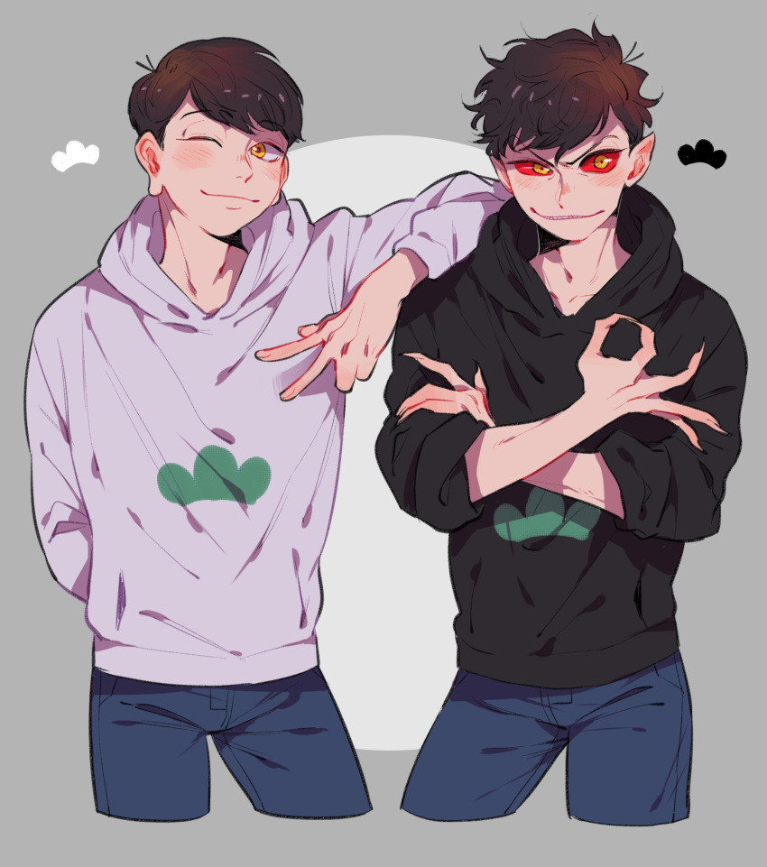 2boys, ;), akumatsu, arm_on_shoulder, bangs, black_hair, circle, contrapposto