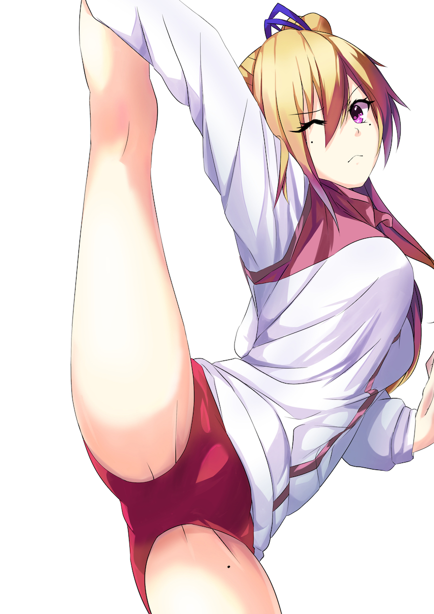 1girl, blonde_hair, buruma, cosmicsnic, hair_ribbon, highres, jacket, kawakami_mai