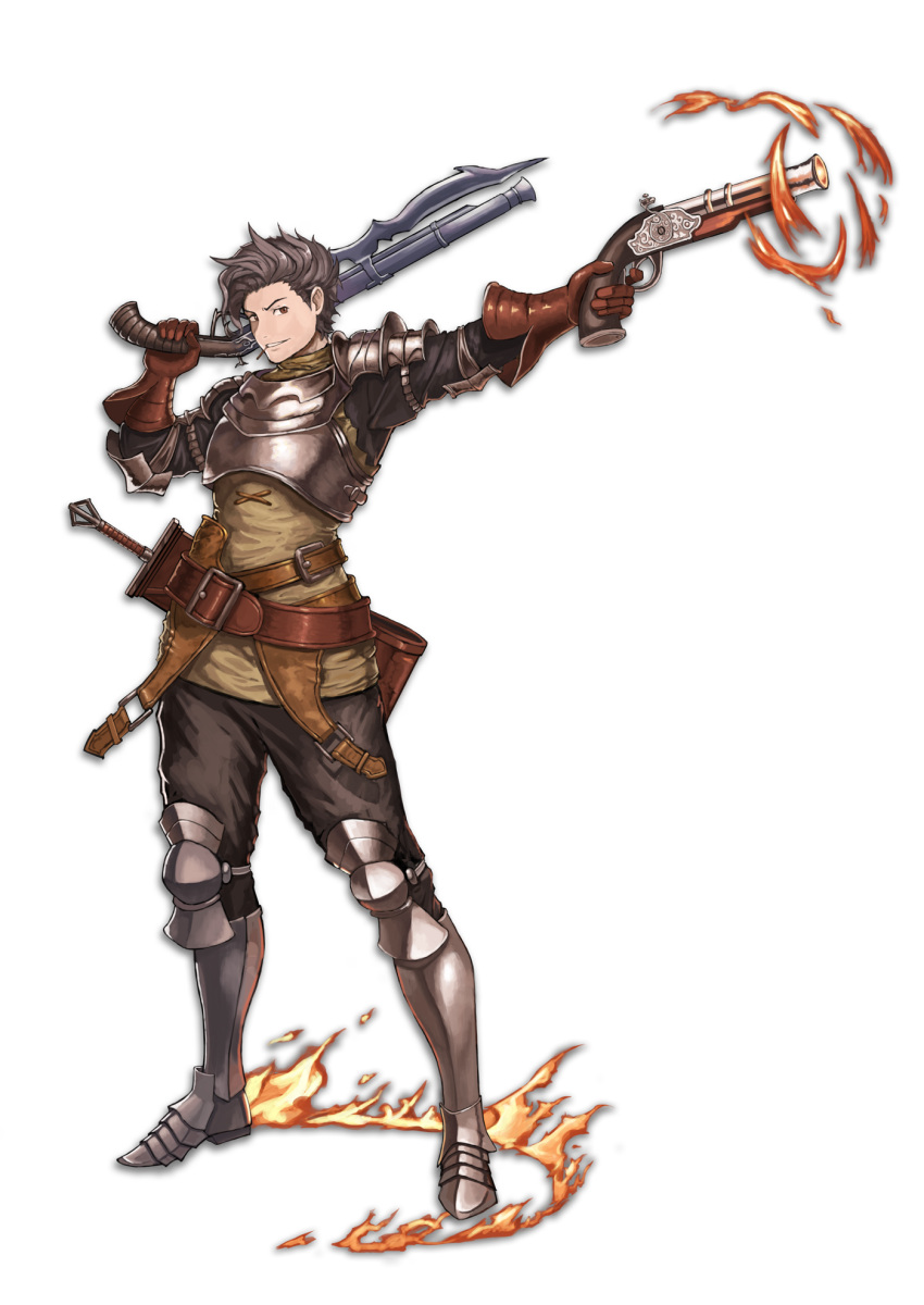1boy, antique_firearm, armor, armored_boots, artist_request, boots, brown_eyes, brown_hair, fire, firearm, firelock, flintlock, full_body, gloves, granblue_fantasy, gun, highres, holster, leather, leather_gloves, male_focus, pointing, rakam_(granblue_fantasy), solo, sword, toothpick, weapon