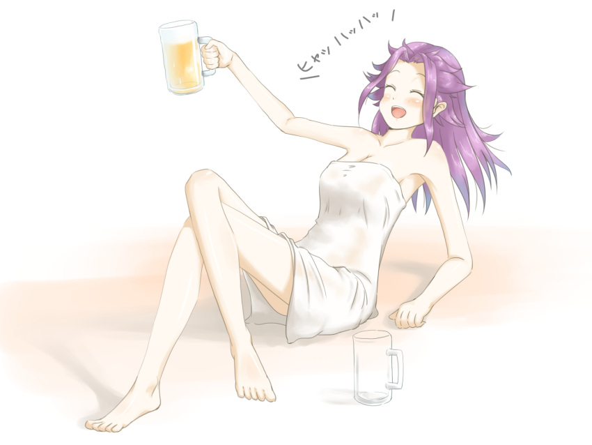 1girl, :d, akatsuki_no_akatsuki, alcohol, bare_shoulders, barefoot, beer, beer_mug