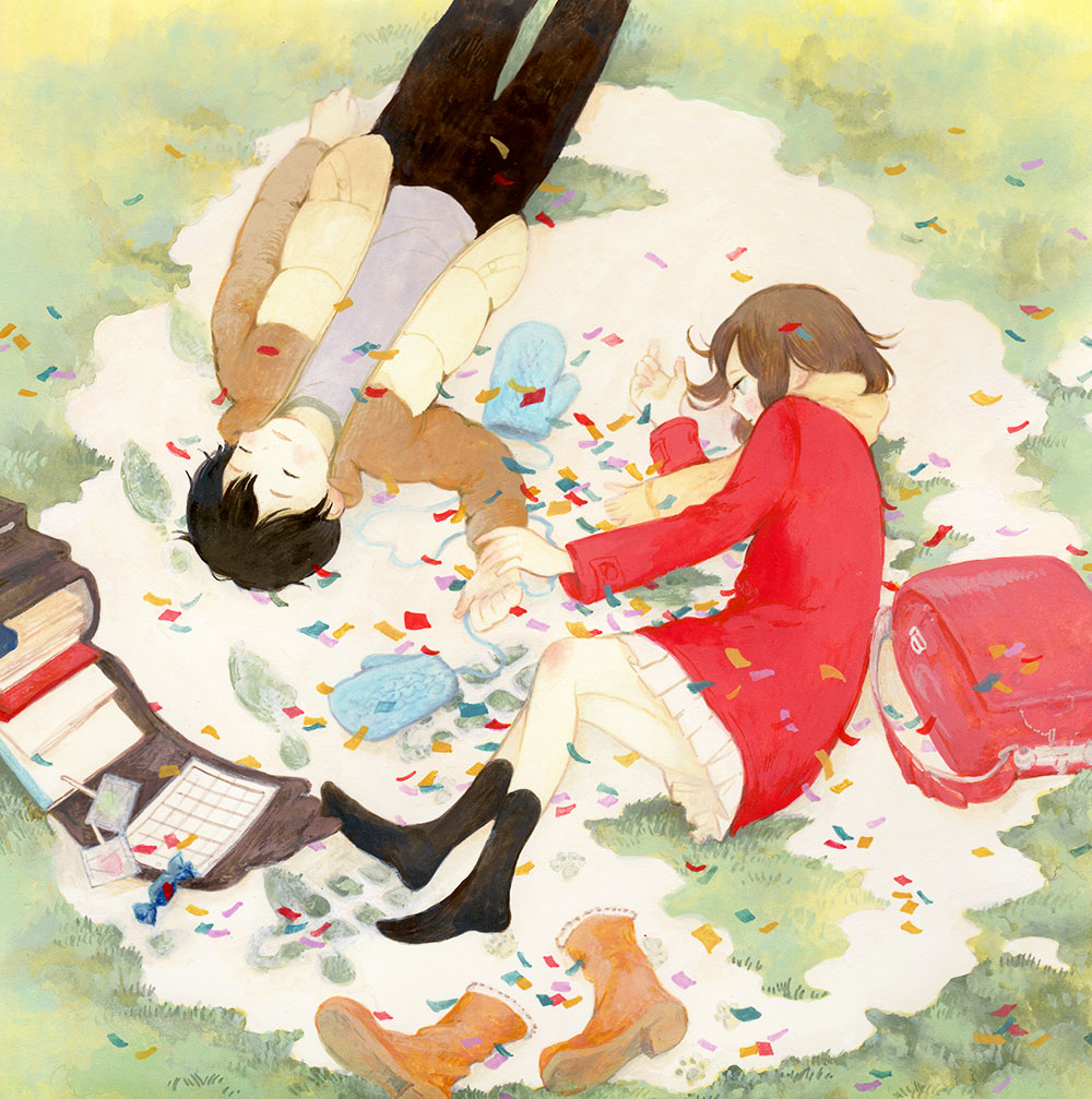 1boy, 1girl, arm_at_side, backpack, backpack_removed, bag, bangs, black_hair