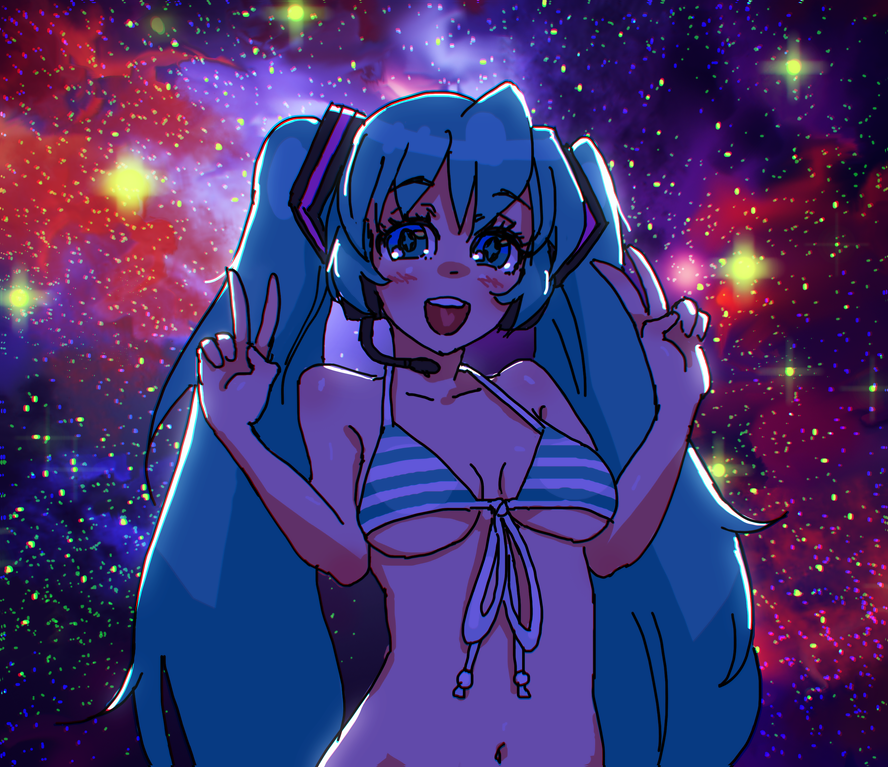 1girl, blue_hair, galaxy, hatsune_miku, solo, stars, striped_bikini, twin_tails