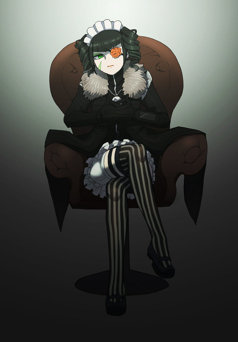 black_dress, crossed_legs, dress, flower_eyepatch, full_body, fur_trim, gradient, gradient_background, green_eyes, grey_background, hairband, koujou_no_bihin, lolita_fashion, long_sleeves, looking_at_viewer, maid_headdress, nanashi_(shin_megami_tensei_iv_final), shin_megami_tensei, simple_background, sitting, striped, striped_legwear, thigh-highs, throne, vertical-striped_legwear, vertical_stripes, zettai_ryouiki