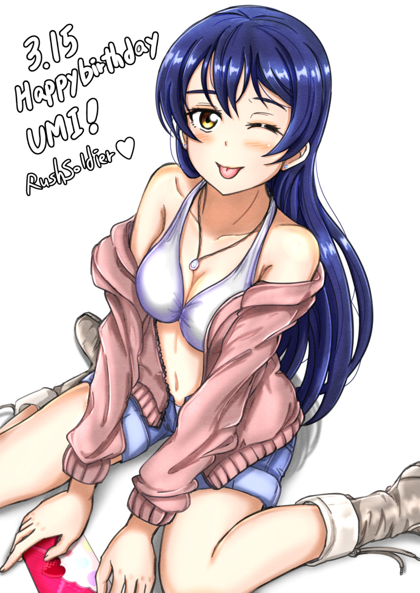 1girl, bikini_top, blue_hair, breasts, cleavage, highres, jewelry, long_hair, love_live!_school_idol_project, necklace, one_eye_closed, rushsoldier, shorts, solo, sonoda_umi, yellow_eyes