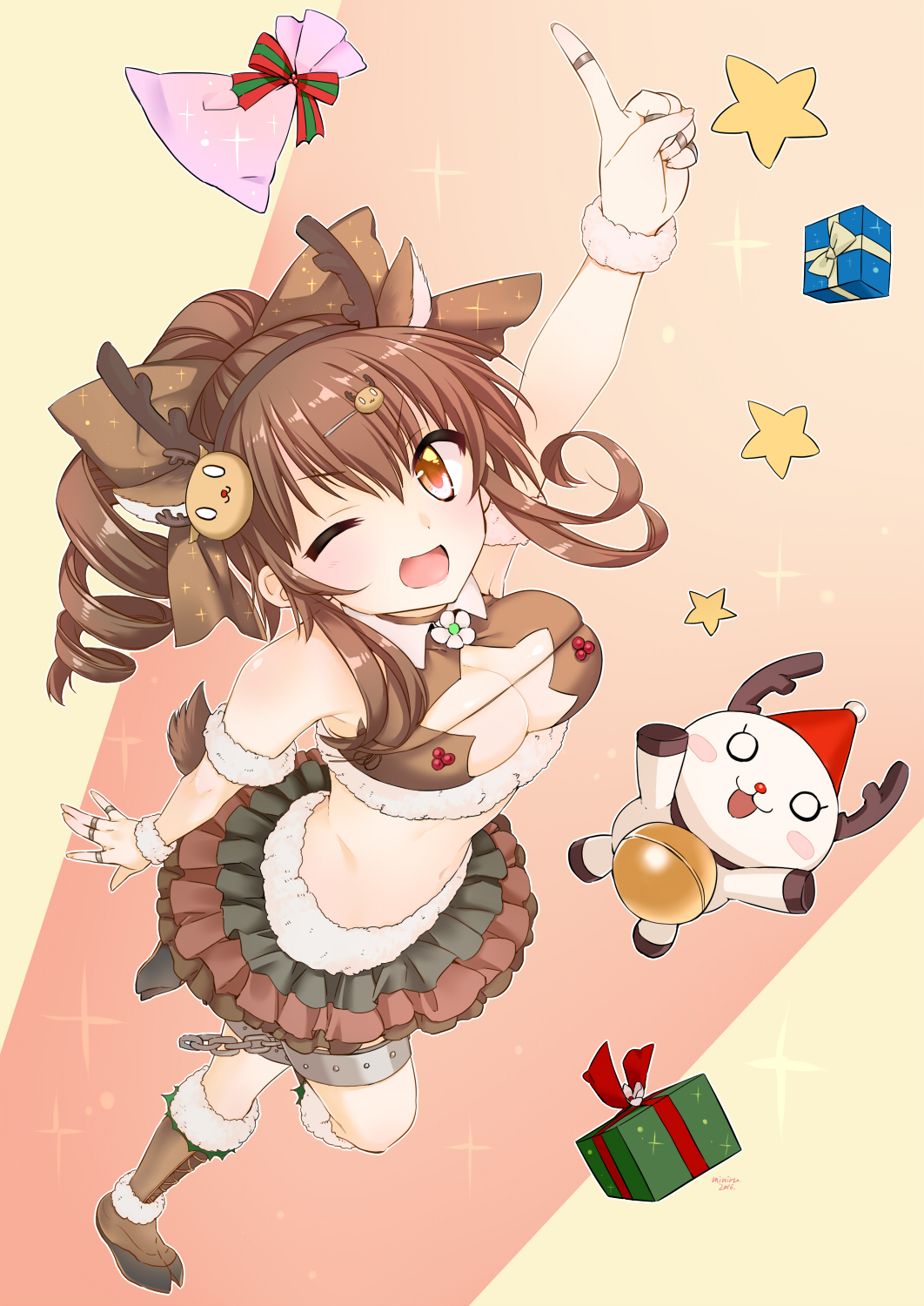 1girl, ;d, antlers, arm_up, boots, bow, breasts, brown_boots