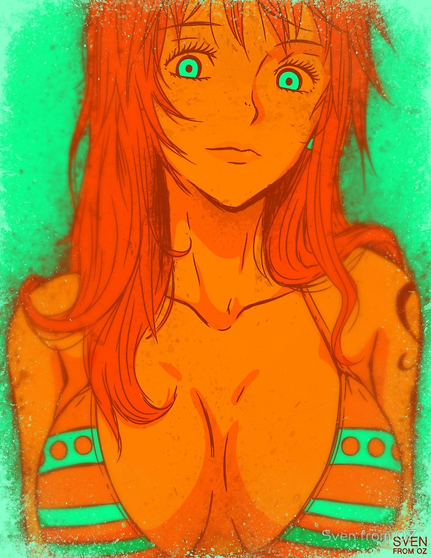 1girl, artist_name, bikini_top, breasts, earrings, green, jewelry, lips