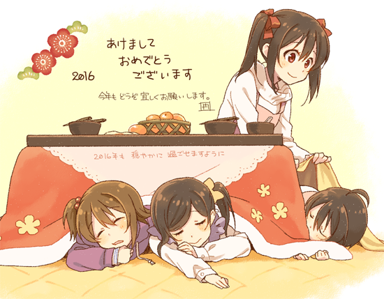 1boy, 2016, 3girls, ahoge, black_hair, bow, bowl, covering_with_blanket