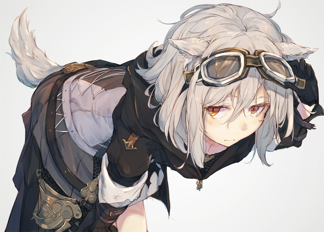 1girl, amoranorem, animal_ears, arm_up, bent_over, black_gloves, blush, closed_mouth, eyebrows, gloves, goggles, goggles_on_head, hand_on_own_knee, hood, leaning_forward, looking_at_viewer, pants, red_eyes, simple_background, solo, stitches, tail, white_background, white_hair, wolf_ears, wolf_tail