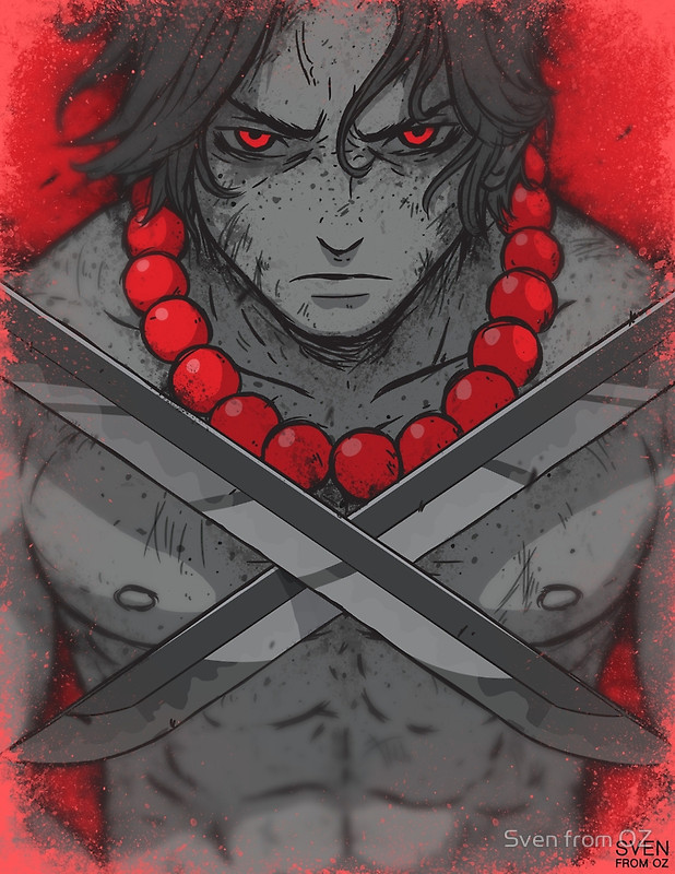 1boy, abs, artist_name, bare_chest, execution, freckles, grey, hair_between_eyes, jewelry, looking_at_viewer, monochrome, necklace, one_piece, portgas_d_ace, red, scratches, serious, solo, sven_from_oz, textless, watermark