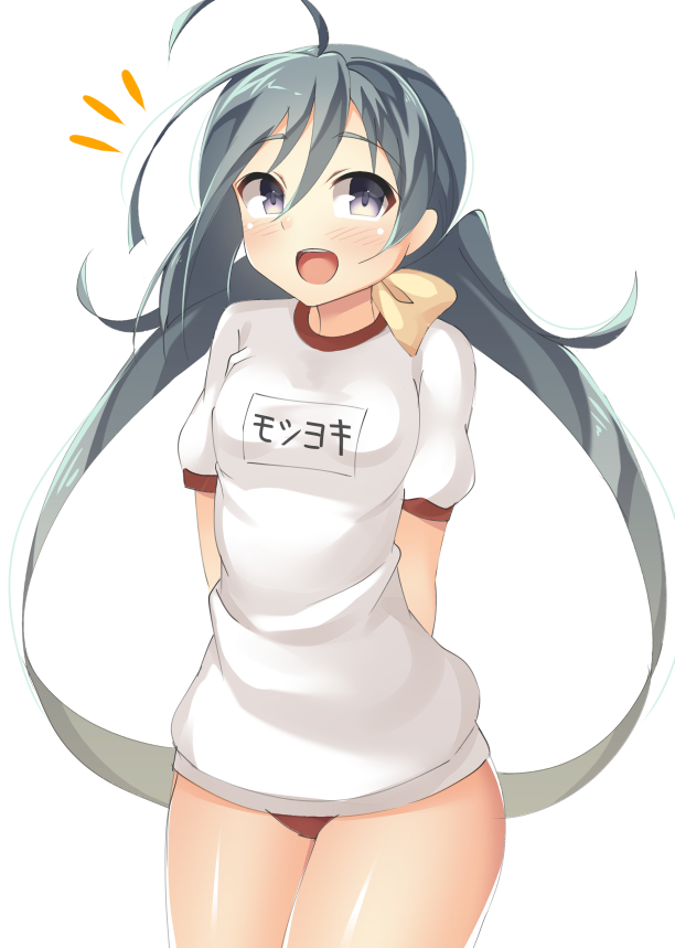 1girl, black_eyes, buruma, grey_hair, gym_uniform, kankitsunabe_(citrus), kantai_collection, kiyoshimo_(kantai_collection), long_hair, open_mouth, standing, twintails
