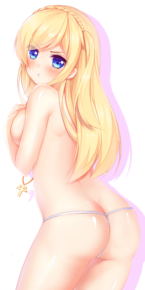 :t, ass, blonde_hair, blue_eyes, blush, braid, breasts, covering, covering_breasts, cross, crown_braid, long_hair, looking_back, prinz_luzifer, richelieu_(zhan_jian_shao_nyu), thighs, thong, white_background, zhan_jian_shao_nyu