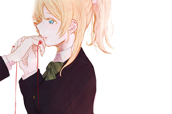 ayase_eli, blonde_hair, blue_eyes, bow, from_side, hand_kiss, holding_hand, kiss