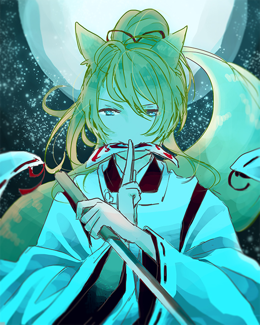 1girl, animal_ears, ayase_eli, blonde_hair, fox_ears, fox_tail, full_moon, japanese_clothes