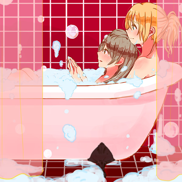 2girls, ayase_eli, bath, bathing, bathtub, blonde_hair, bubble, bubble_bath