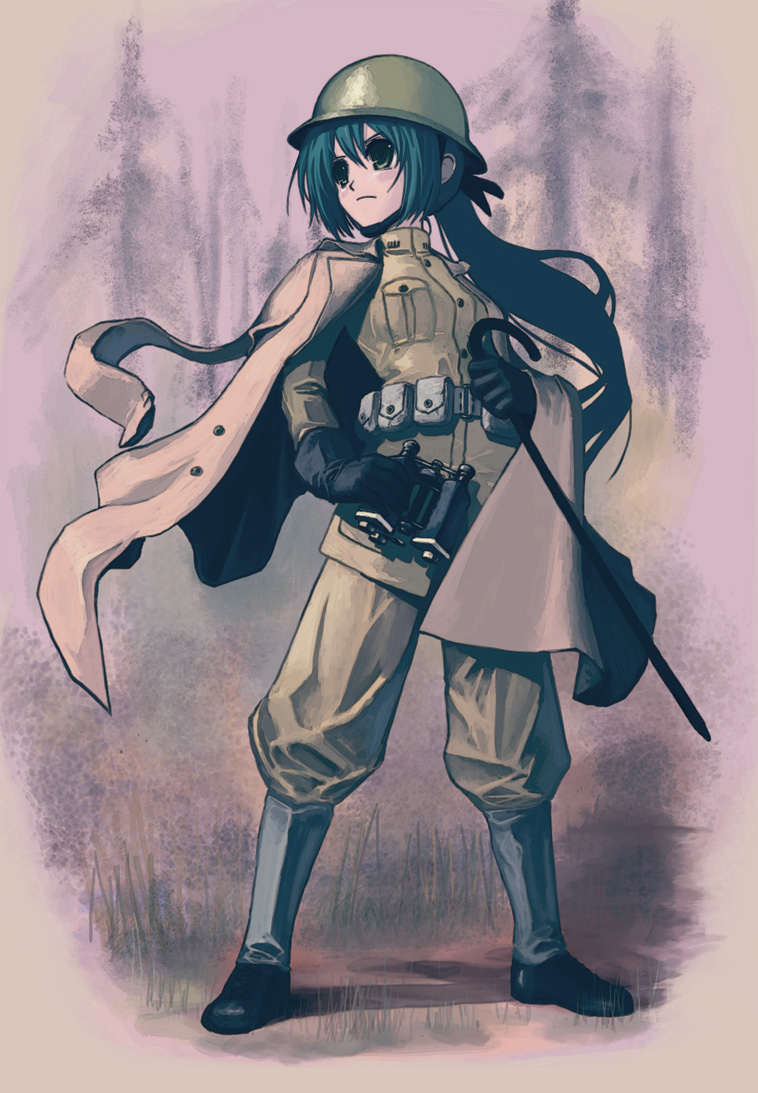 belt, binoculars, blue_hair, boots, cane, commentary, gloves, helmet, kuoting, military, military_uniform, ponytail, soldier, uniform, utility_belt, war, world_war_i, wwi