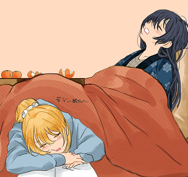 2girls, ayase_eli, blonde_hair, blue_hair, closed_eyes, food, fruit, kotatsu