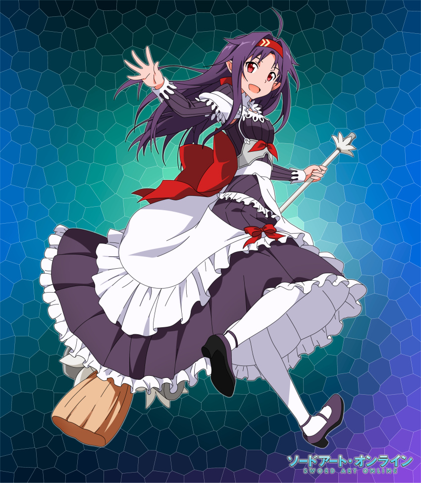 1girl, absurdres, copyright_name, hair_ornament, highres, long_hair, maid, maximilian-destroyer, open_mouth, purple_hair, red_eyes, solo, sword_art_online, white_legwear, yuuki_(sao)