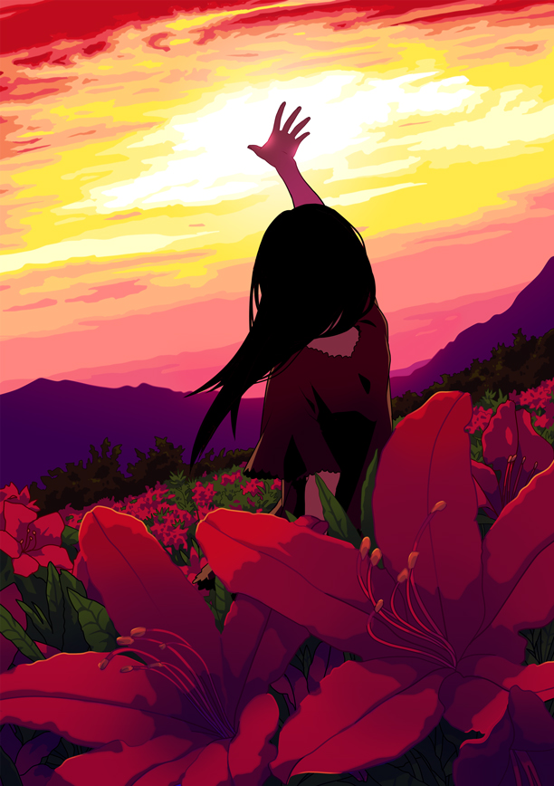 field, flower, hands, long_hair, original, outstretched_arm, outstretched_hand, reaching, sky, sunset, yukihiko