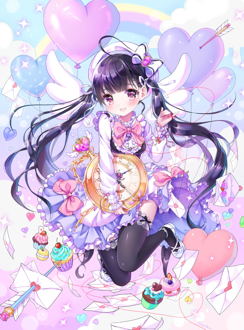 1girl, :d, absurdres, angel_wings, arrow, balloon, bangs, black_hair