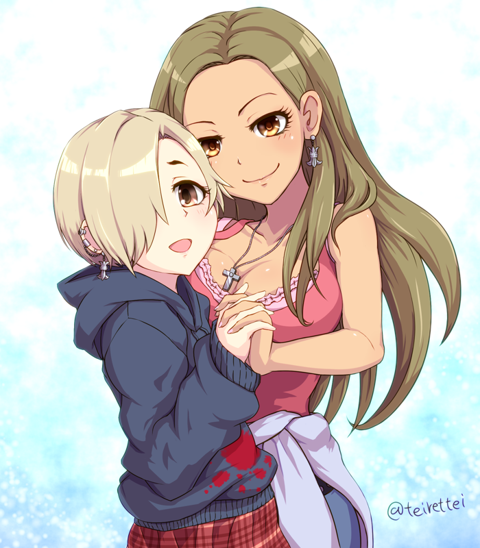 2girls, blonde_hairo, blood, breasts, cleavage, cross, earrings, holding_hands