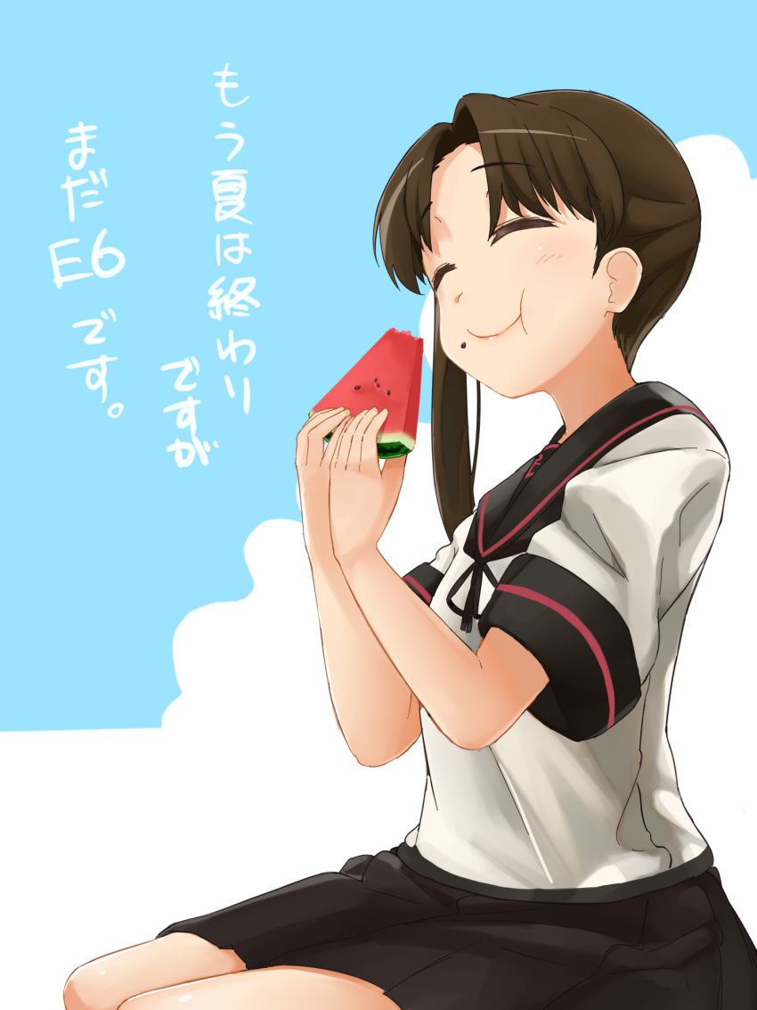 1girl, :t, ayanami_(kantai_collection), blush, brown_hair, closed_eyes, commentary_request, eating