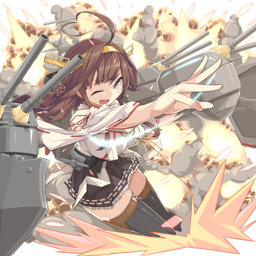 1girl, ahoge, bare_shoulders, black_boots, boots, breasts, brown_hair, cannon, detached_sleeves, double_bun, explosion, hairband, headgear, highres, japanese_clothes, kantai_collection, kongou_(kantai_collection), large_breasts, long_hair, looking_at_viewer, machinery, nontraditional_miko, one_eye_closed, open_mouth, pleated_skirt, remodel_(kantai_collection), ribbon-trimmed_sleeves, ribbon_trim, skirt, solo, thigh-highs, thigh_boots, uchiage_cola, violet_eyes, wide_sleeves, zettai_ryouiki
