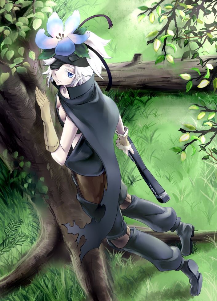 1girl, black_shoes, blue_eyes, brown_gloves, flamie_speeddraw, flower, full_body, gloves