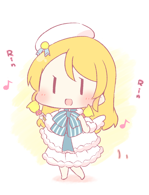 1girl, =d, angel_wings, ayase_eli, barefoot, bell, bell_ringing, beret