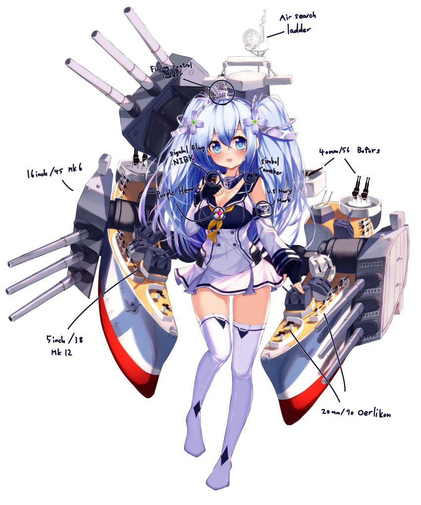 1girl, absurdres, blue_eyes, blue_hair, blush, breasts, cannon, cleavage, detached_sleeves, english, fingerless_gloves, full_body, gloves, hand_on_own_chest, highres, kantai_collection, large_breasts, long_hair, looking_at_viewer, mecha_musume, miniskirt, original, personification, sailor_collar, skirt, solo, tandozzing, thigh-highs, two_side_up, uss_north_carolina_(bb-55), zettai_ryouiki