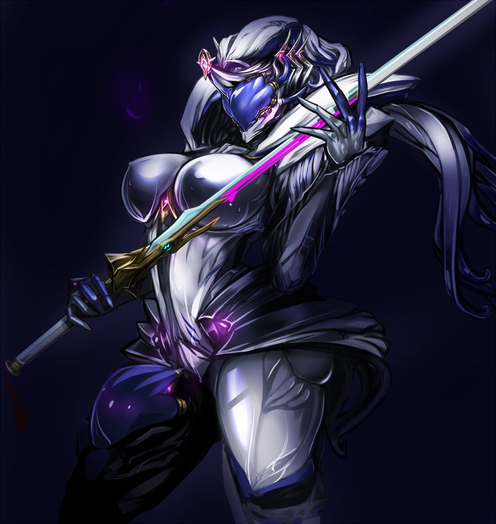 1girl, arched_back, armor, artist_request, breasts, contrapposto, covered_nipples, helmet, large_breasts, pauldrons, saryn_(warframe), saryn_prime_(warframe), simple_background, skin_tight, sword, warframe, weapon