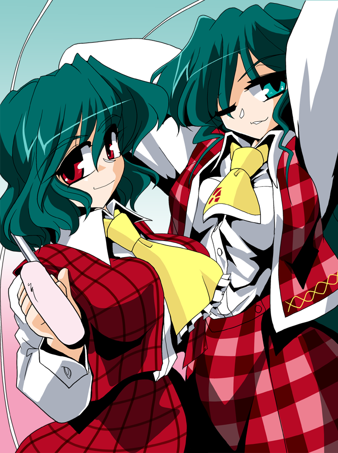 ascot, breasts, dual_persona, green_eyes, green_hair, kazami_yuuka, kazami_yuuka_(pc-98), kieyza