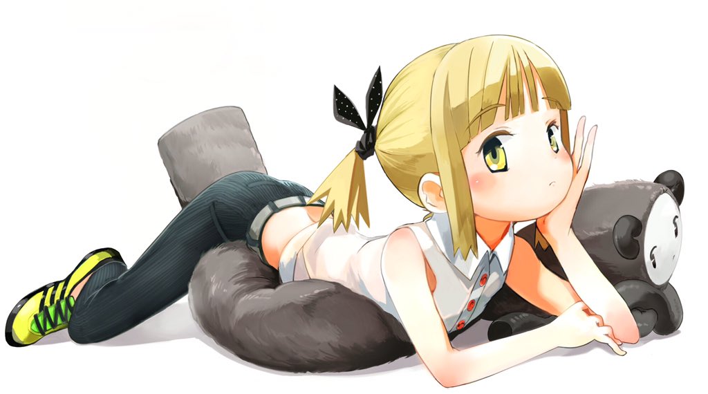 1girl, belt, blonde_hair, chin_rest, denim, jeans, long_hair, looking_at_viewer, lying, masuda_(yousaytwosin), midriff, on_stomach, original, pants, ponytail, ribbon, shirt, shoes, sleeveless, sleeveless_shirt, sneakers, solo, stuffed_toy, yellow_eyes