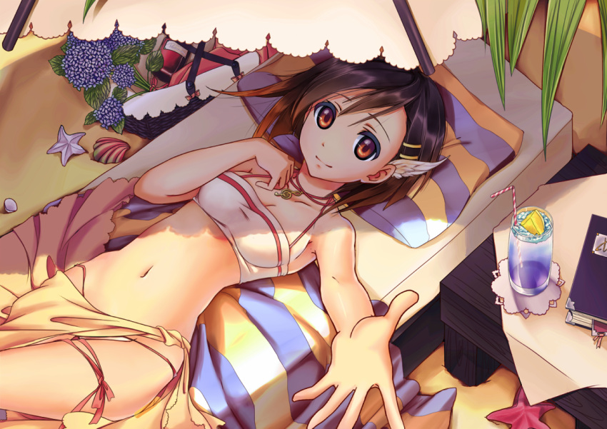 1girl, bikini, black_hair, brown_eyes, character_request, clam, copyright_request, flower