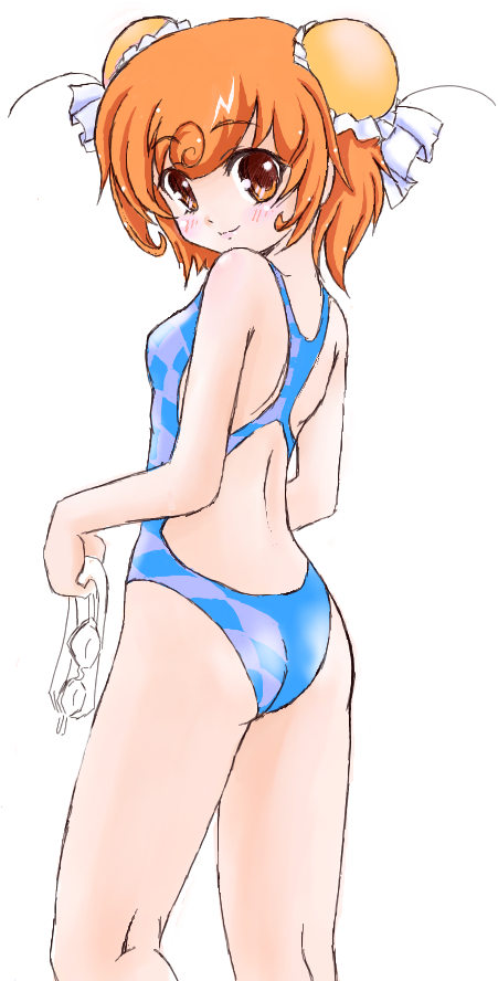 blush, bun_cover, competition_swimsuit, double_bun, goggles, hamster_no_kurumi, looking_back, one-piece_swimsuit