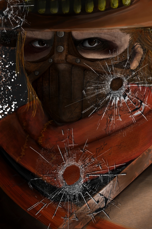 1girl, artist_request, bullet_hole, commentary_request, covered_mouth, erron_black, hat, looking_at_viewer, mortal_kombat, mortal_kombat_x, solo