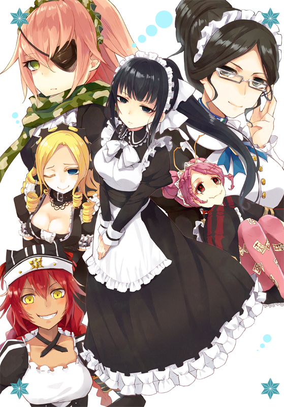 6+girls, apron, collar, cz2128_delta, entoma_vasilissa_zeta, eyepatch, glasses, lupusregina_beta