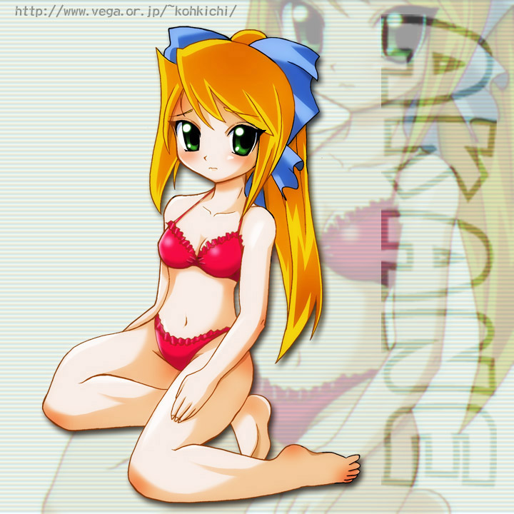 bikini, blonde_hair, blush, green_eyes, kitsune_no_akane, kneeling, koh-kichi, long_hair