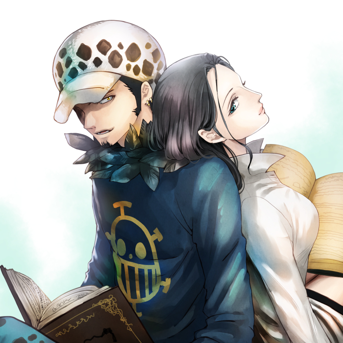 1boy, 1girl, back-to-back, black_hair, blue_background, book, breasts, closed_mouth