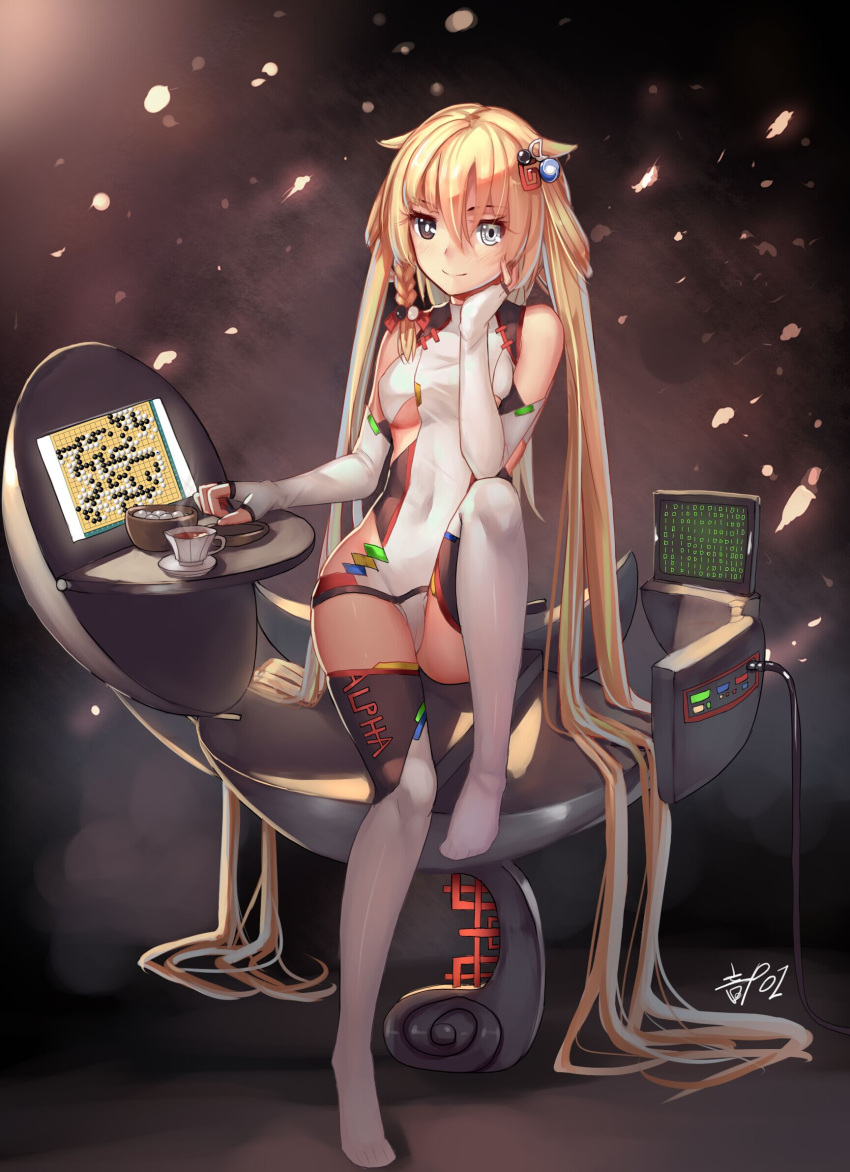 1girl, absurdly_long_hair, alphago, bare_shoulders, blonde_hair, board_game, braid, cup, elbow_gloves, fingerless_gloves, gloves, go, google, hair_ornament, highres, leotard, long_hair, looking_at_viewer, monitor, original, personification, single_braid, sitting, smile, solo, teacup, thigh-highs, thighs, twintails, very_long_hair, weiyinji_xsk, white_legwear