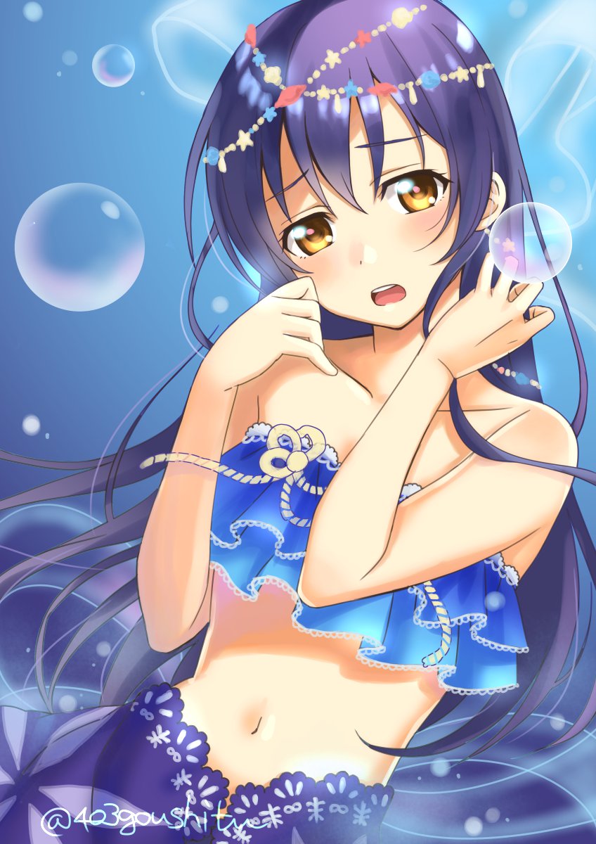 1girl, 403_(artist), blue_hair, blush, highres, long_hair, love_live!_school_idol_festival, love_live!_school_idol_project, mermaid, monster_girl, open_mouth, solo, sonoda_umi, tiara, yellow_eyes