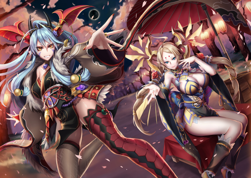 2girls, ahoge, armor, bangs, bare_shoulders, blonde_hair, blue_eyes, breasts