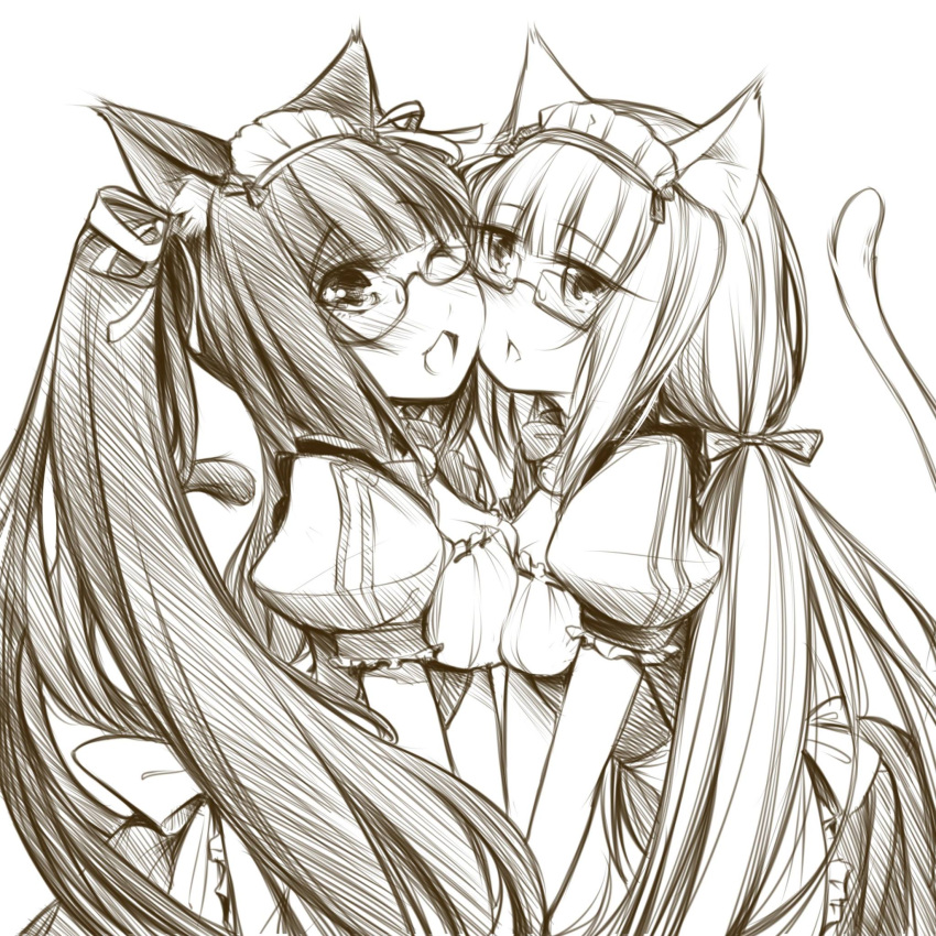 2girls, animal_ears, bespectacled, blush, breast_press, cat_ears, cat_tail, cheek-to-cheek, chocola_(sayori), frills, glasses, hair_ribbon, headdress, highres, long_hair, low_twintails, monochrome, multiple_girls, nekopara, one_eye_closed, open_mouth, puffy_short_sleeves, puffy_sleeves, ribbon, short_sleeves, simple_background, symmetrical_docking, tail, twintails, vanilla_(sayori), very_long_hair, white_background, yuri, yuriwhale