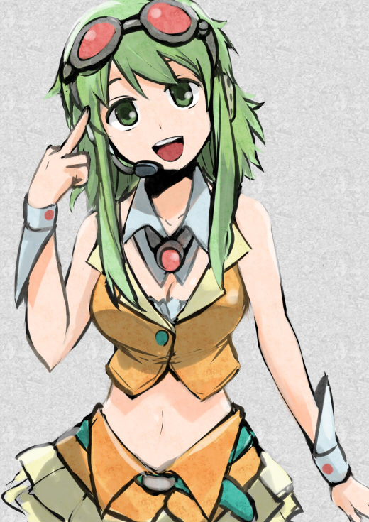 green_eyes, green_hair, gumi, headset, middle_finger, midriff, navel, open_mouth, pointing, shuuhei_(artist), solo, vocaloid