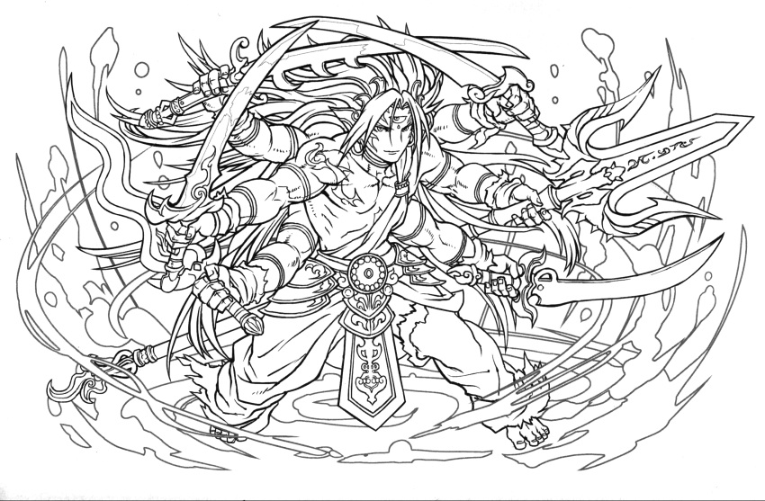 absurdres, highres, krishna_(p&amp;d), lineart, monochrome, official_art, puzzle_&amp;_dragons, solo